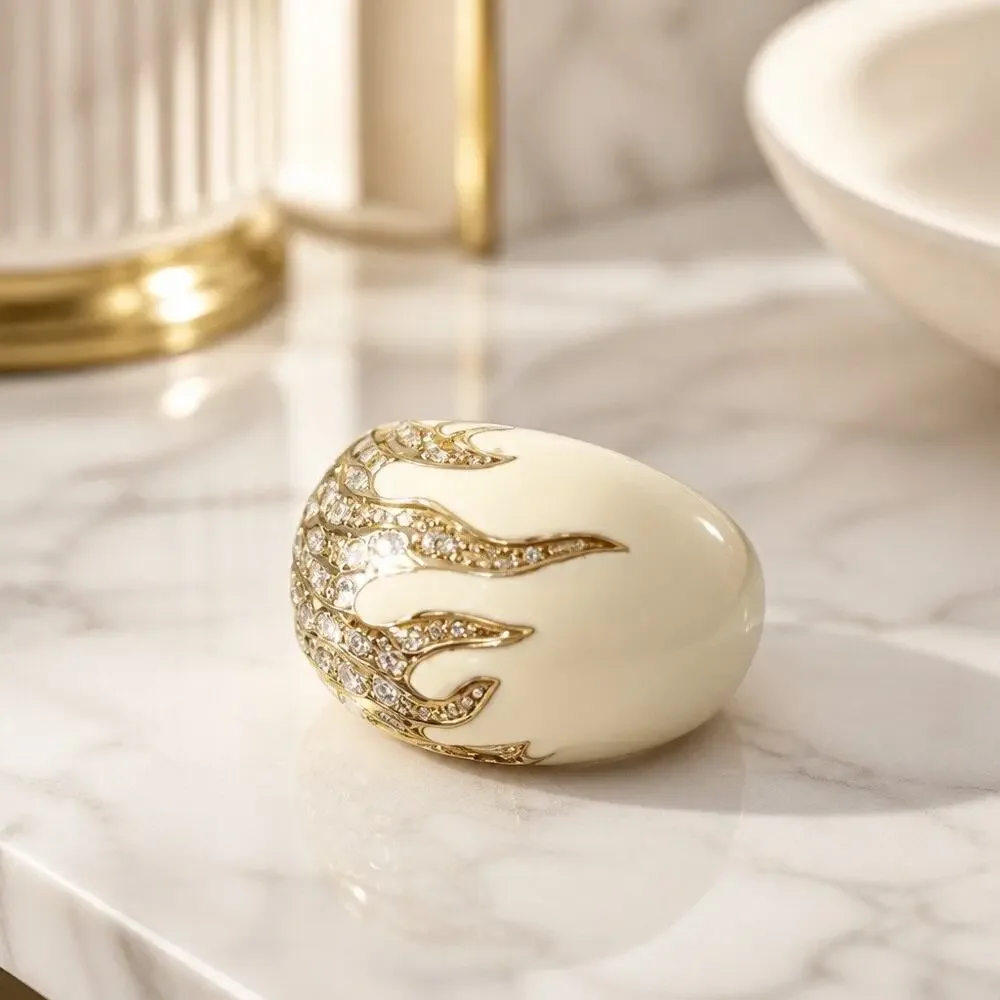 The Solar Eclipse Collection: Vintage Cream Enamel & Rhinestone Flame Dome Ring